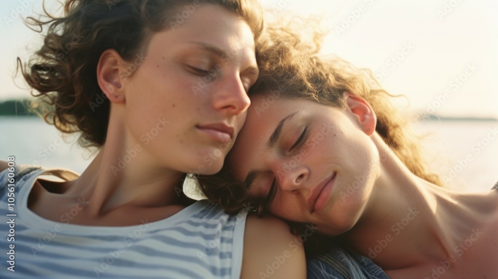 Peaceful moment: close bonding between two friends relaxing outdoors Couple of women Peaceful moment: close bonding between two friends relaxing outdoors Couple of women