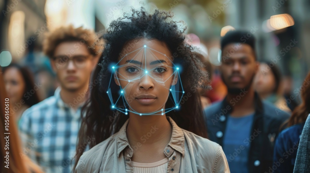 Young woman with facial recognition technology on busy urban street Young woman with facial recognition technology on busy urban street