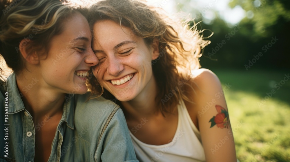 Joyful friendship: two happy women smiling outdoors in natural light Couple of women Joyful friendship: two happy women smiling outdoors in natural light Couple of women