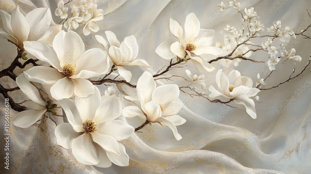Delicate White Magnolia Flowers on a Soft Fabric Background Delicate White Magnolia Flowers on a Soft Fabric Background