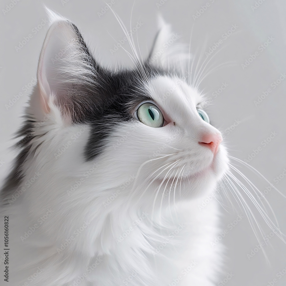 A close-up of a black-and-white cat with striking green eyes, gazing attentively upward, highlighting its delicate whiskers and soft fur against a light background A close-up of a black-and-white cat with striking green eyes, gazing attentively upward, highlighting its delicate whiskers and soft fur against a light background