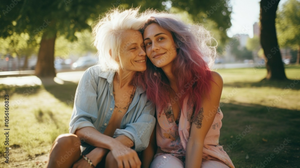 Joyful mother and daughter bonding outdoors on a sunny day Couple of women Joyful mother and daughter bonding outdoors on a sunny day Couple of women