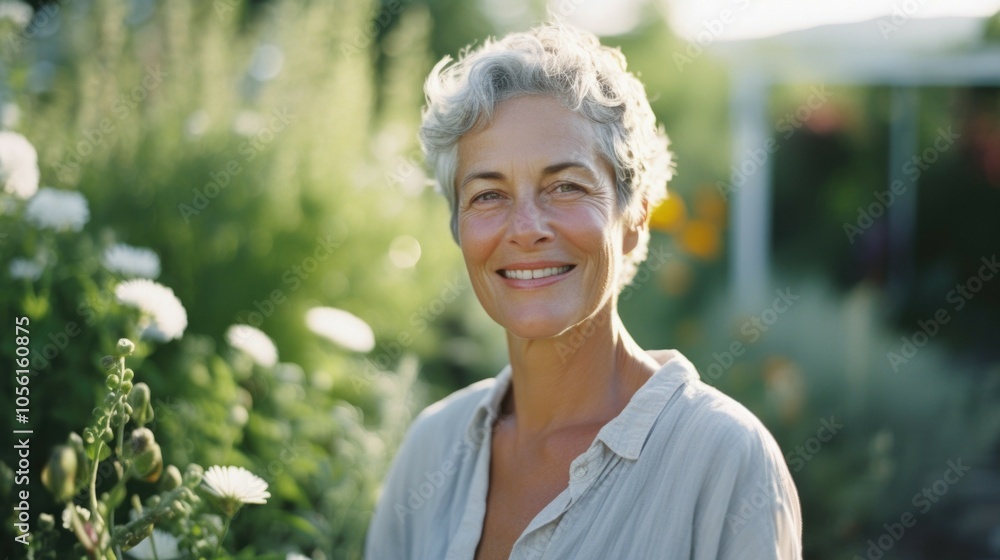 Smiling woman with gray hair enjoying nature in a sunlit garden Smiling woman with gray hair enjoying nature in a sunlit garden