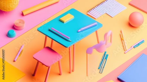 Brightly hued desks with matching colorful school supplies,