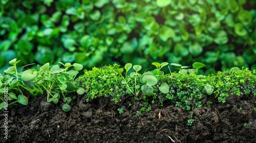 Fresh green sprouts in rich soil against a lush foliage background