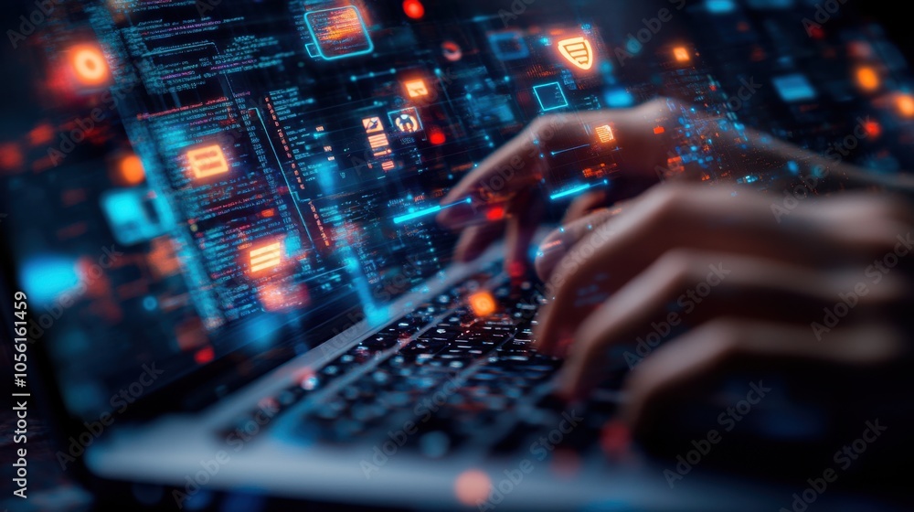 Close-up of a technical support representative typing on a laptop, Close-up of a technical support representative typing on a laptop,