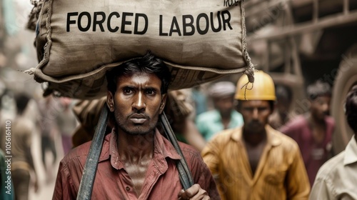 Depiction of forced labor: a worker carrying a heavy load in crowded urban setting