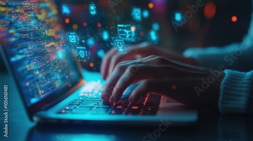 Close-up of a technical support representative typing on a laptop,