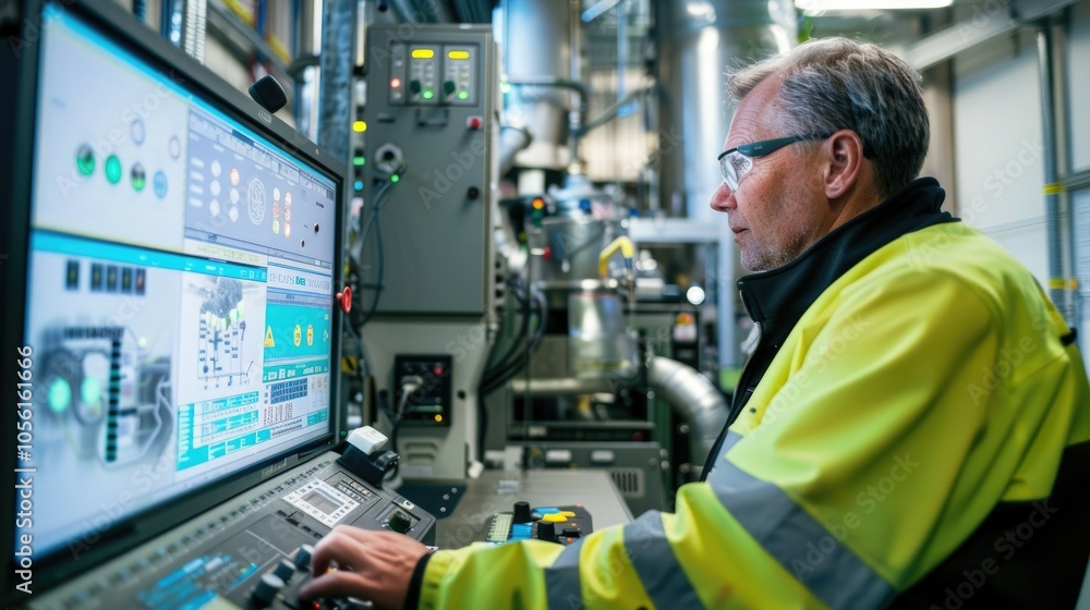 Technician monitoring industrial machinery for efficient production in modern factory Technician monitoring industrial machinery for efficient production in modern factory