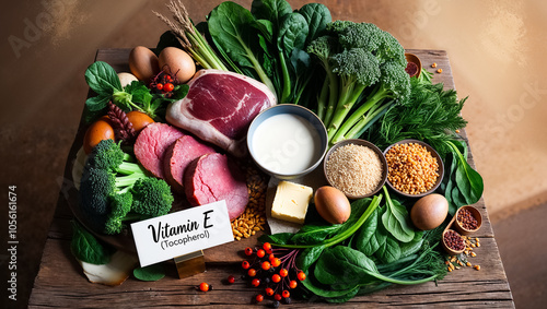 Various fresh food with the sign inscription vitamin E tocopherol photo