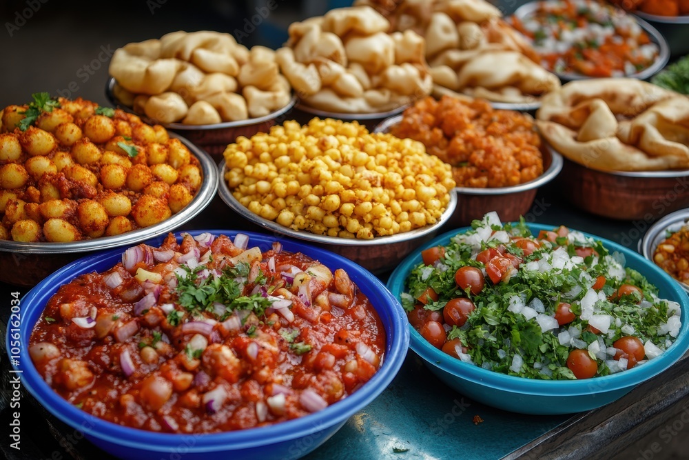 indian street food fest, enjoy a variety of indian street food like pav bhaji, pani puri, dahi puri, and bhel puri on vibrant disposable plates indian street food fest, enjoy a variety of indian street food like pav bhaji, pani puri, dahi puri, and bhel puri on vibrant disposable plates