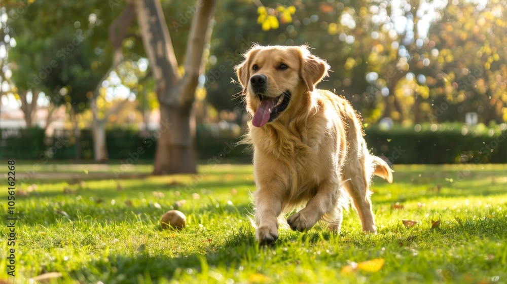 A sunny park scene with a dog playing fetch, green grass and trees in the background A sunny park scene with a dog playing fetch, green grass and trees in the background