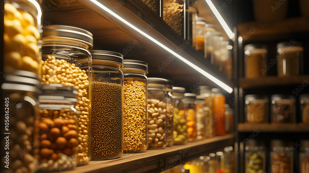 Spacious pantry with rows of jars filled with grains, nuts, and spices in organized fashion Spacious pantry with rows of jars filled with grains, nuts, and spices in organized fashion