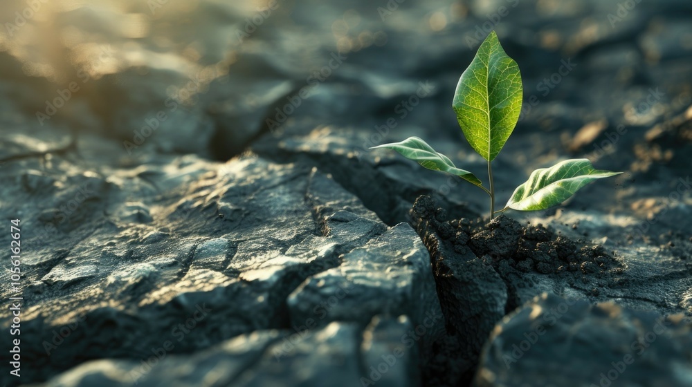 Resilient plant growing in parched cracked earth amidst environmental challenge Resilient plant growing in parched cracked earth amidst environmental challenge