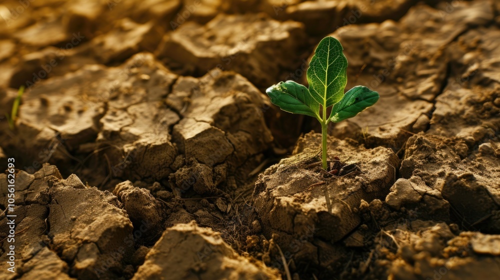 Resilient green leafy plant thrives on parched cracked soil, symbolizing hope and renewal Resilient green leafy plant thrives on parched cracked soil, symbolizing hope and renewal