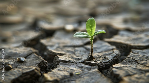 Resilient green sprout thriving in dry cracked earth symbolizing hope and renewal