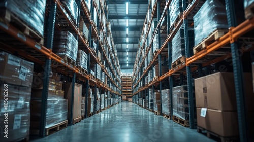 Large warehouse aisle with shelves stocked with goods and packages