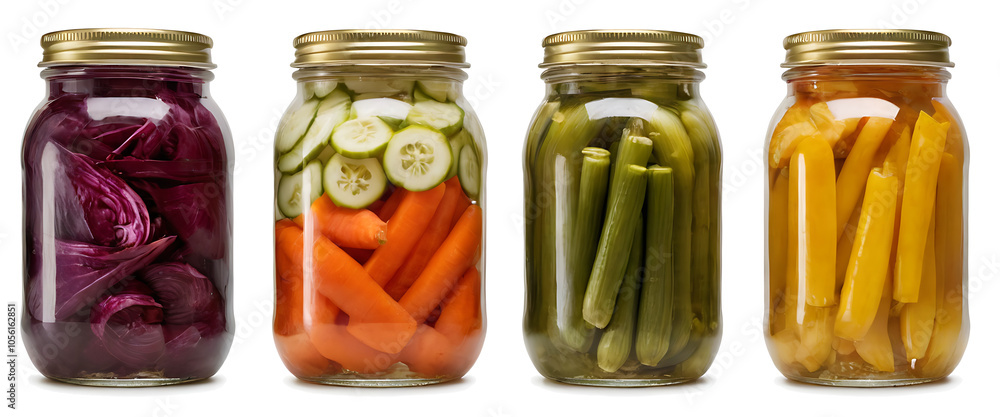Four glass jars filled with colorful pickled vegetables PNG, including carrots, cucumbers, green beans, and yellow peppers. Perfect for food preservation, canning, or showcasing homemade preserves.