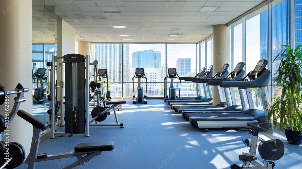 Fototapeta premium Office building gym filled with exercise equipment,