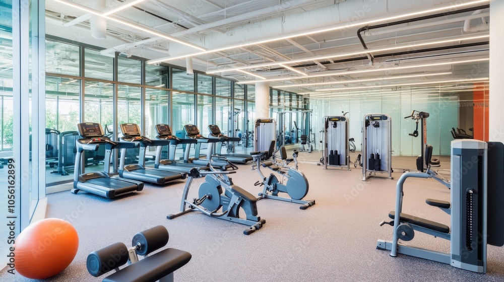 Fototapeta premium Office building gym with modern exercise equipment,