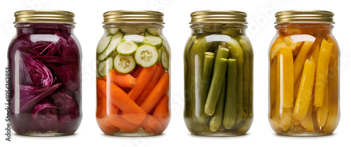 Obraz na płótnie Four glass jars filled with colorful pickled vegetables PNG, including carrots, cucumbers, green beans, and yellow peppers. Perfect for food preservation, canning, or showcasing homemade preserves. w salonie