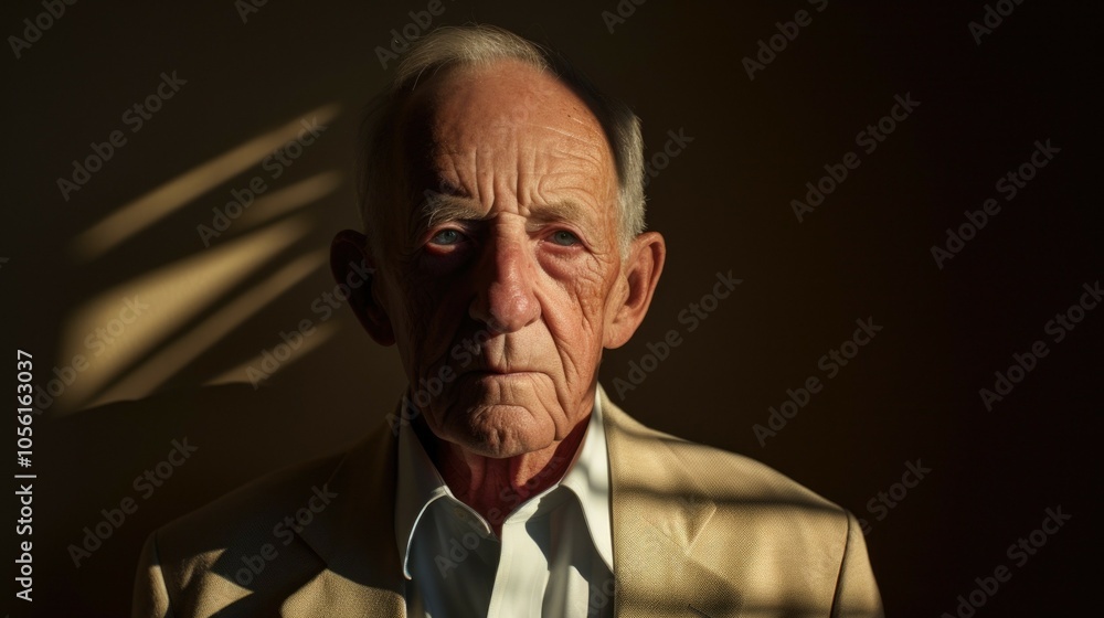 Elderly gentleman in dramatic lighting with shadows and thoughtful expression Elderly gentleman in dramatic lighting with shadows and thoughtful expression