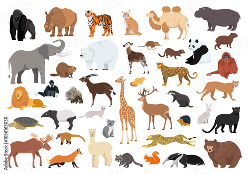 Big set of wild animals. Collection of cute vector characters of animal world in flat style, isolated on white