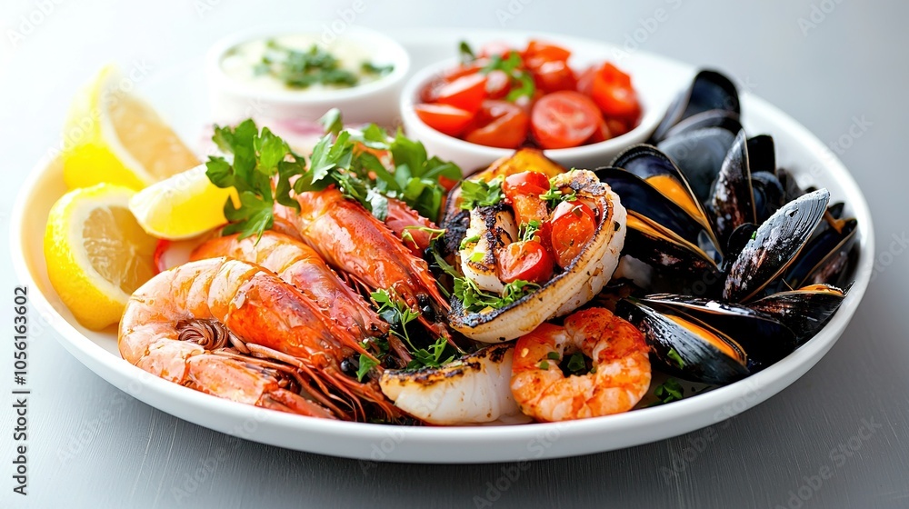 shrimp, mussels, lemon, tomatoes, parsley shrimp, mussels, lemon, tomatoes, parsley