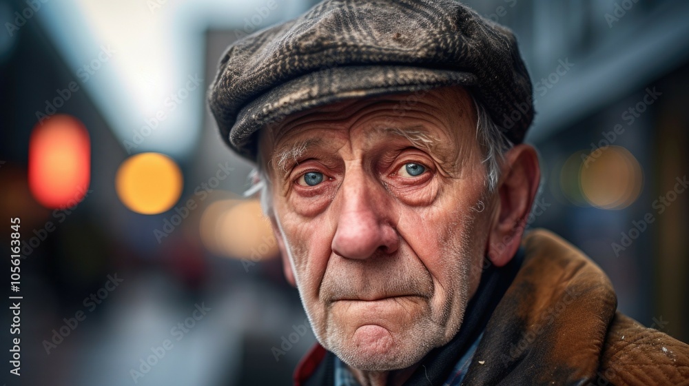 Elderly man with textured cap on a blurred street background Elderly man with textured cap on a blurred street background