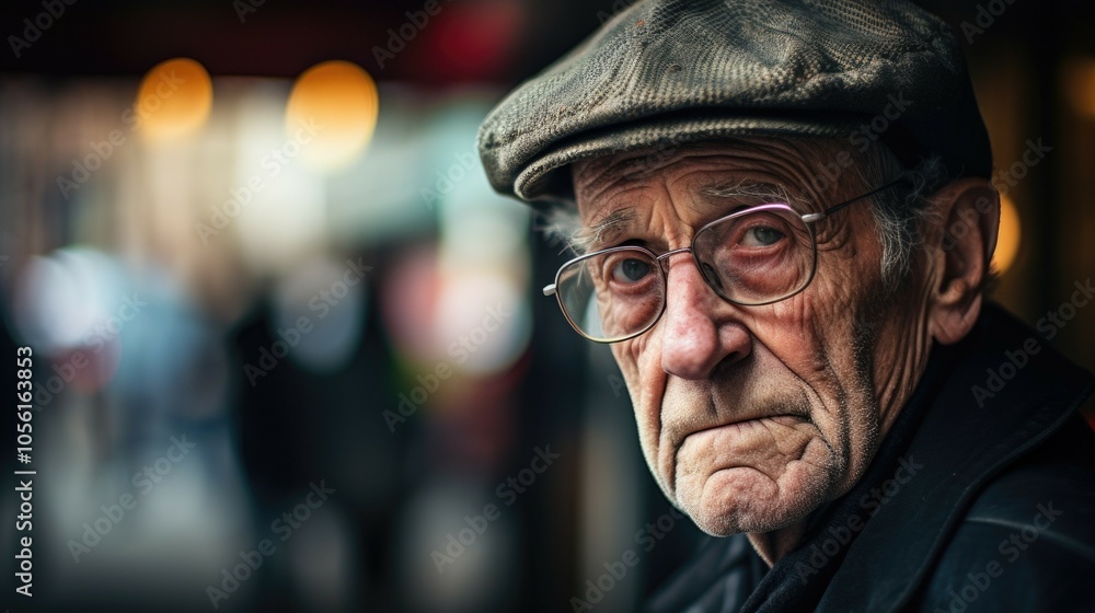 Elderly man with cap and glasses in urban street setting Elderly man with cap and glasses in urban street setting