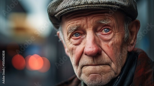 Elderly man with thoughtful expression wearing a plaid cap in urban setting