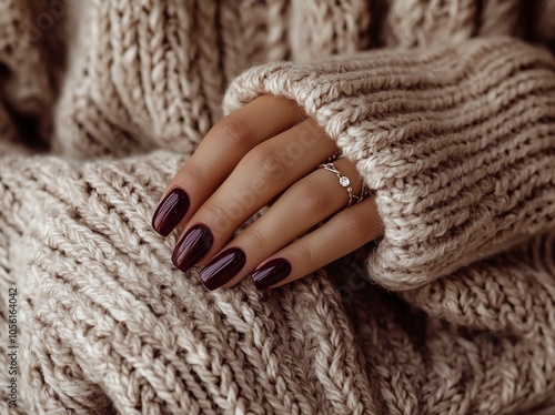 Manicure in winter. Well-groomed hands with painted nails against a warm woolen sweater. Fashionable fall-winter nail color.