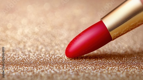 Red lipstick on a shimmering gold surface exudes elegance and luxury, AI