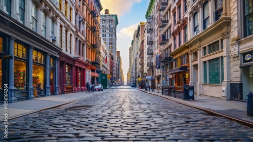 New York City old SoHo Downtown paving stone street with retail stores and luxury apartments 