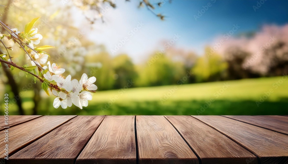 Wooden table in garden of spring time