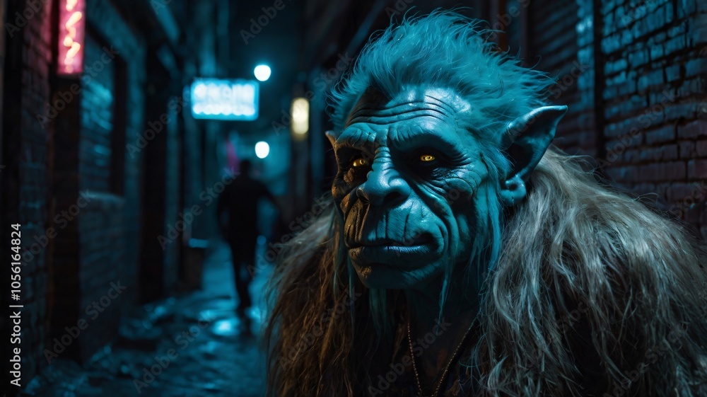 A mystic creature emerges in a dimly lit alleyway at night, showcasing detailed features and glowing eyes A mystic creature emerges in a dimly lit alleyway at night, showcasing detailed features and glowing eyes