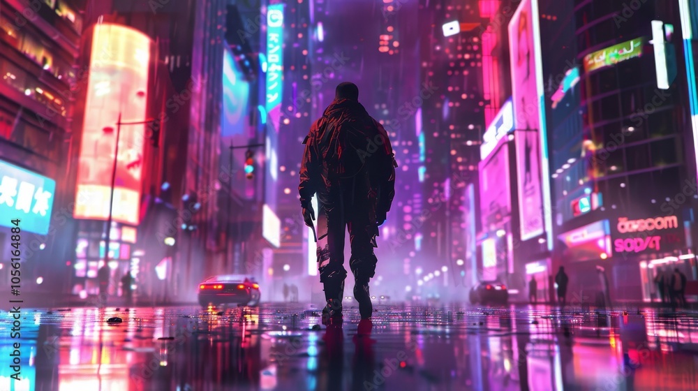 Futuristic cyborg walking through a neon-lit alley Futuristic cyborg walking through a neon-lit alley