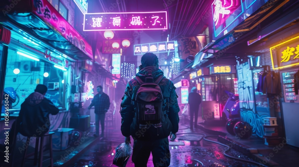 Futuristic cyborg walking through a neon-lit alley