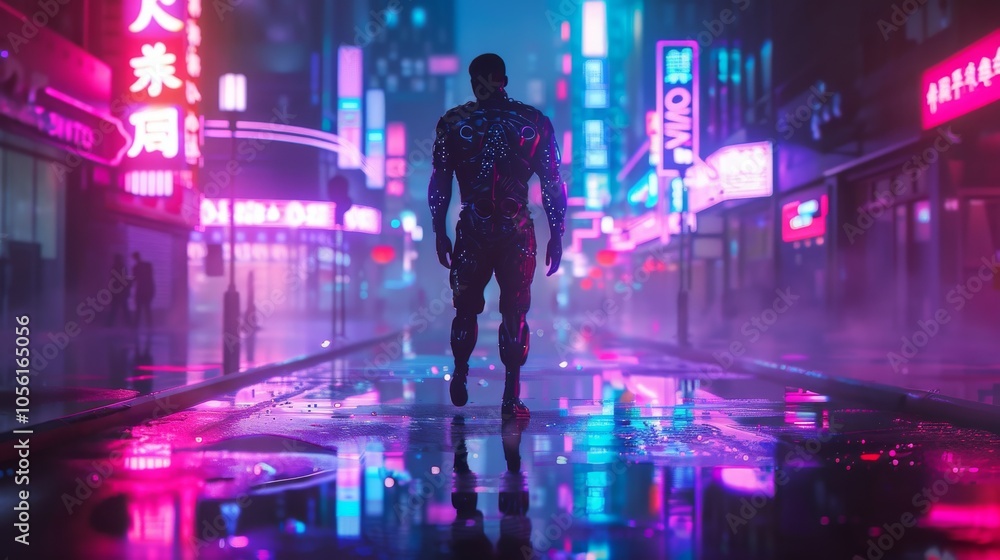 Futuristic cyborg walking through a neon-lit alley Futuristic cyborg walking through a neon-lit alley