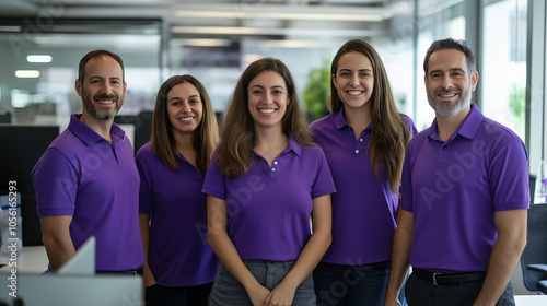 Office staff group posing together in purple polo shirts

