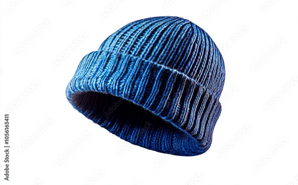 A beanie hat in vibrant blue rests peacefully against a pristine white background A beanie hat in vibrant blue rests peacefully against a pristine white background