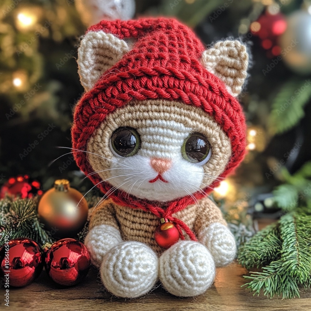Obraz premium Cute nice lovely crocheted cat in red Christmas New Year cap holiday picture handmade decor winter 