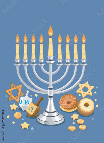 Hanukkah Menorah with Dreidels, Star of David, and Traditional Holiday Treats