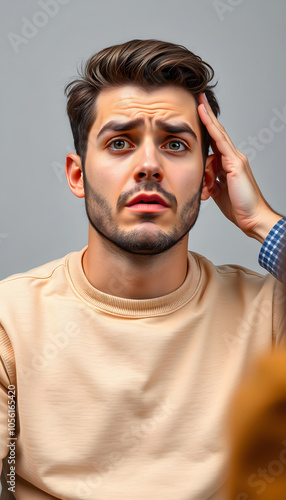 Desperate millennial man getting psychological help at therapist isolated with white highlights, png