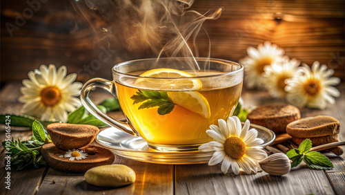 Aromatic herbal tea with lemon and mint in a glass cup surrounded by flowers for cozy atmosphere