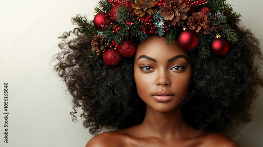 African-American woman adorned with Christmas decorations in her hair against white background African-American woman adorned with Christmas decorations in her hair against white background