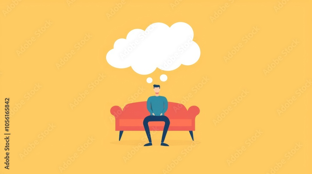 A man sits on a couch, deep in thought, with a thought bubble above, symbolizing reflection and creativity. A man sits on a couch, deep in thought, with a thought bubble above, symbolizing reflection and creativity.