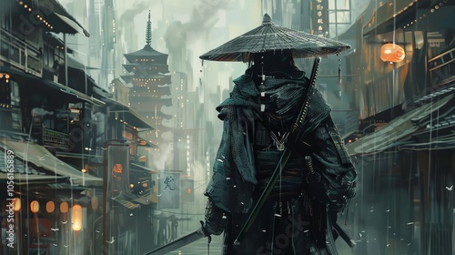 Futuristic street samurai in a cyberpunk alley