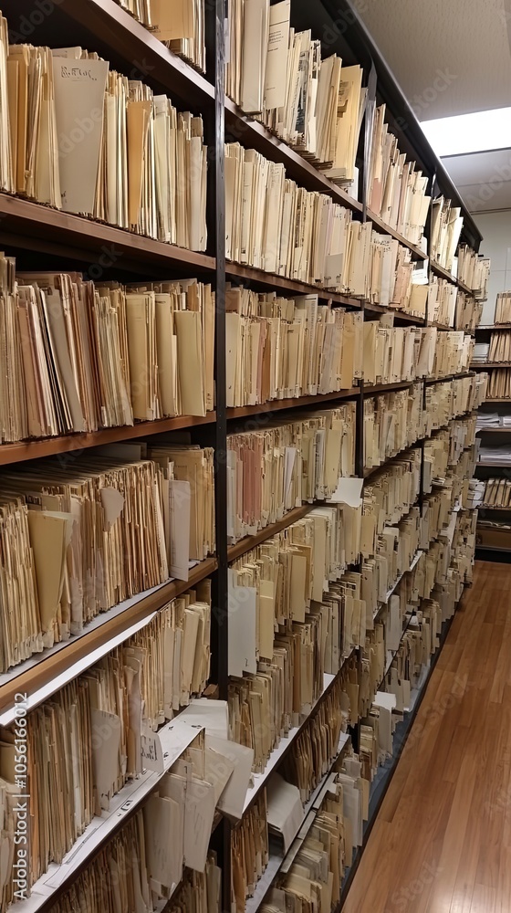 Obraz premium Organized Archive of Paper Documents on Shelves