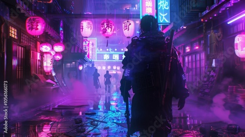 Futuristic street samurai in a cyberpunk alley